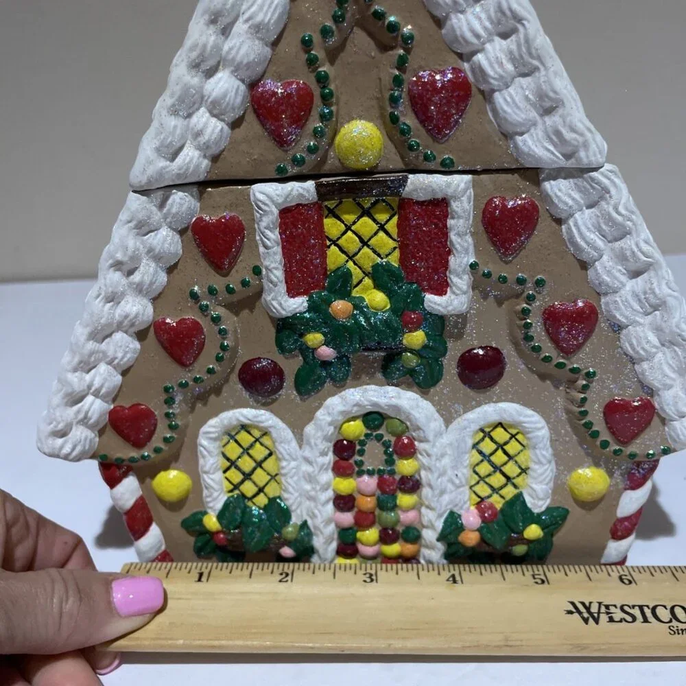 Vintage Handcrafted Gingerbread House Cookie Jar Canister Colorful Glitter 9